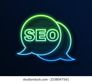 Glowing neon line SEO optimization icon isolated on blue background.  Vector