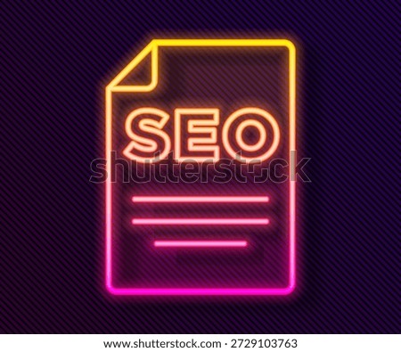 Glowing neon line SEO optimization icon isolated on black background.  Vector