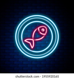 Glühende Neonline Servierte Fische auf einem Teller Symbol einzeln auf Backsteinwand Hintergrund. Farbiges Rahmenkonzept. Vektorgrafik