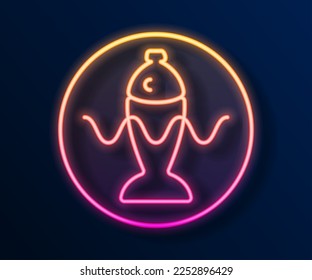 Línea de neón brillante Pescado servido con salsa de soja en un icono de plato aislado en el fondo negro.  Vector