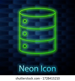 Glowing neon line Server, Data, Web Hosting icon isolated on brick wall background. Vector Illustration