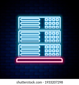Glowing neon line Server, Data, Web Hosting icon isolated on brick wall background. Colorful outline concept. Vector
