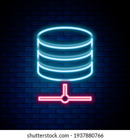 Glowing neon line Server, Data, Web Hosting icon isolated on brick wall background. Colorful outline concept. Vector