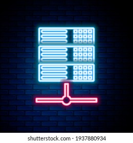 Glowing neon line Server, Data, Web Hosting icon isolated on brick wall background. Colorful outline concept. Vector