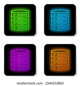 Glowing neon line Server, Data, Web Hosting icon isolated on white background. Black square button. Vector