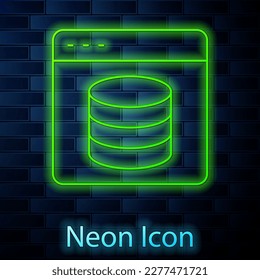 Glowing neon line Server, Data, Web Hosting icon isolated on brick wall background.  Vector