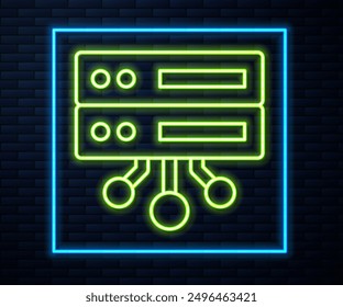 Glowing neon line Server, Data, Web Hosting icon isolated on brick wall background.  Vector