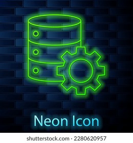 Glowing neon line Server and gear icon isolated on brick wall background. Adjusting app, service concept, setting options, maintenance, repair, fixing.  Vector Illustration
