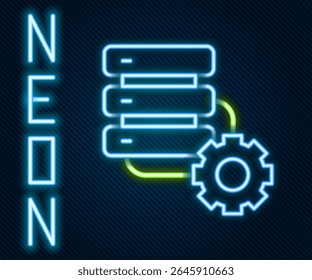 Linha de néon brilhante Ícone do servidor e engrenagem isolado no fundo preto. Ajustar aplicativo, conceito de serviço, opções de configuração, manutenção, reparo, correção. Conceito de contorno colorido. Vetor