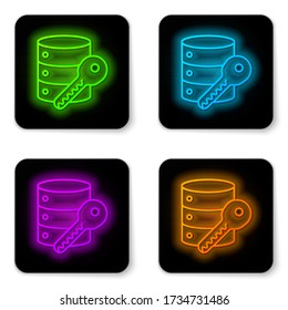 Glowing neon line Server security with key icon isolated on white background. Security, safety, protection concept. Black square button. Vector Illustration