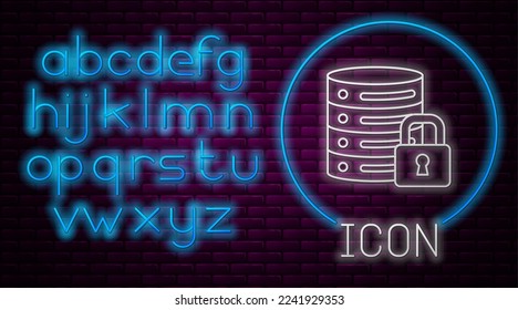 Glowing neon line Server security with closed padlock icon isolated on brick wall background. Security, safety, protection concept. Neon light alphabet. Vector