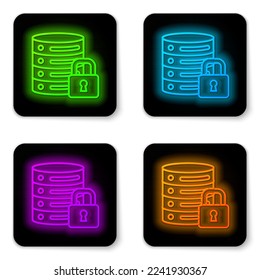 Glowing neon line Server security with closed padlock icon isolated on white background. Security, safety, protection concept. Black square button. Vector