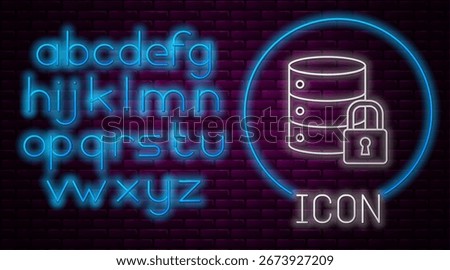 Glowing neon line Server security with closed padlock icon isolated on brick wall background. Security, safety, protection concept. Neon light alphabet. Vector Illustration
