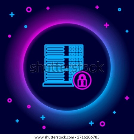 Glowing neon line Server security with closed padlock icon isolated on black background. Security, safety, protection concept. Colorful outline concept. Vector