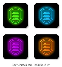 Glowing neon line Server with shield icon isolated on white background. Protection against attacks. Network firewall, router, switch, data. Black square button. Vector Illustration