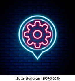 Glowing neon line Setting icon isolated on brick wall background. Tools, service, cog, gear, cogwheel sign. Colorful outline concept. Vector