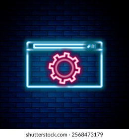 Glowing neon line Setting icon isolated on brick wall background. Adjusting, service, maintenance, repair, fixing. Colorful outline concept. Vector