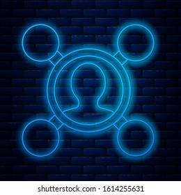 Glowing neon line Share icon isolated on brick wall background. Sharing, communication pictogram, social media, connection, network, distribute.  Vector Illustration