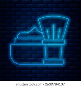Glowing neon line Shaving brush with foam icon isolated on brick wall background. Barbershop symbol.  Vector