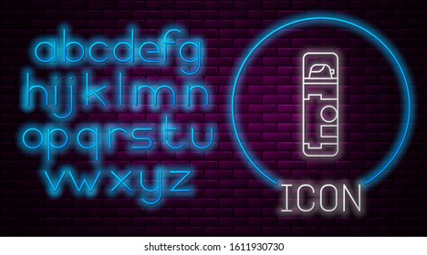 Glowing neon line Shaving gel foam icon isolated on brick wall background. Shaving cream. Neon light alphabet. Vector Illustration