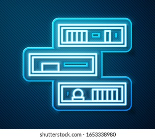 Glowing neon line Shelf with books icon isolated on blue background. Shelves sign.  Vector Illustration