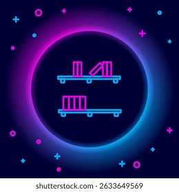Glowing neon line Shelf with books icon isolated on black background. Shelves sign. Colorful outline concept. Vector