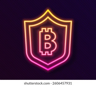 Glowing neon line Shield with bitcoin icon isolated on black background. Cryptocurrency mining, blockchain technology, security, protect, digital money.  Vector