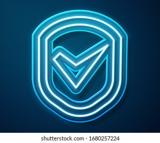 Glowing neon line Shield with check mark icon isolated on blue background. Security, safety, protection, privacy concept. Tick mark approved.  Vector Illustration
