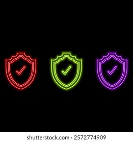 Glowing neon line shield with check mark icon isolated on brick wall background. Safety, security, privacy concept. Check mark passed. Colorful outline concept..