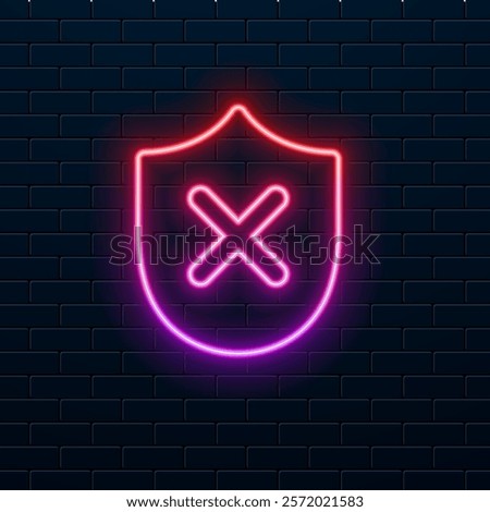 Glowing neon line shield with cross-mark icon isolated on black background. Shield and rejected. Notice of refusal. Vector.