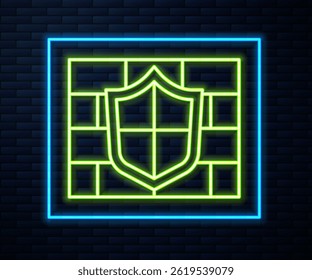 Glowing neon line Shield with cyber security brick wall icon isolated on brick wall background. Data protection symbol. Firewall. Network protection.  Vector