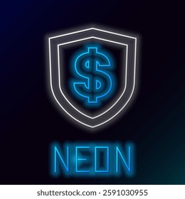 Glowing neon line Shield with dollar symbol icon isolated on black background. Security shield protection. Money security concept. Colorful outline concept. Vector