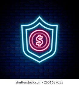 Glowing neon line Shield with dollar symbol icon isolated on brick wall background. Security shield protection. Money security concept. Colorful outline concept. Vector