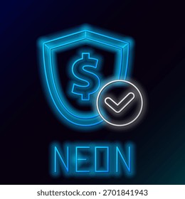 Brilhante neon linha Escudo com símbolo de dólar ícone isolado no fundo preto. Proteção de escudo de segurança. Conceito de segurança monetária. Conceito de contorno colorido. Vetor