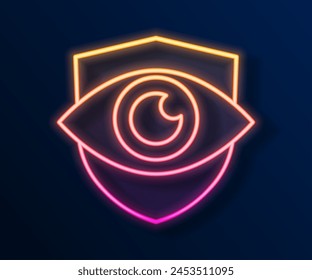 Glowing neon line Shield and eye icon isolated on black background. Security, safety, protection, privacy concept.  Vector