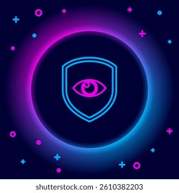 Glowing neon line Shield and eye icon isolated on black background. Security, safety, protection, privacy concept. Colorful outline concept. Vector