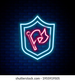 Blindaje de neón brillante Escudo con icono de bandera aislado en el fondo de la pared de ladrillo. Victoria, triunfo y conquista el concepto de adversidad. Concepto de esquema colorido. Vector