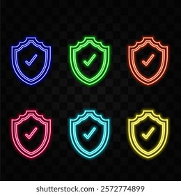 Glowing neon line shield in hand icon isolated on black background. Concept of insurance. Guard sign. Safety, security, safety, privacy concept. Colorful outline concept. Vector.