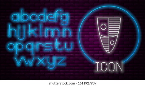 Glowing neon line Shield icon isolated on brick wall background. Guard sign. Security, safety, protection, privacy concept. Neon light alphabet. Vector Illustration
