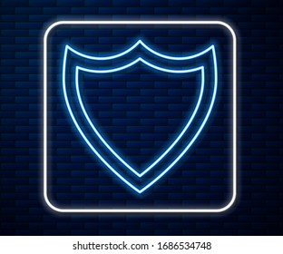 Glowing neon line Shield icon isolated on brick wall background. Guard sign. Security, safety, protection, privacy concept.  Vector Illustration