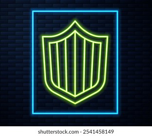 Linha de néon brilhante Ícone de escudo isolado no fundo da parede de tijolo. Sinal de guarda. Segurança, proteção, conceito de privacidade.  Vetor