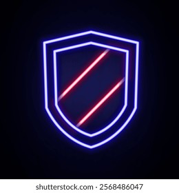 Glowing neon line Shield icon isolated on brick wall background. Guard sign. Security, safety, protection, privacy concept. Colorful outline concept. Vector