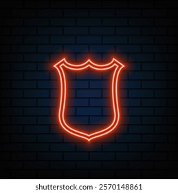 Glowing neon line Shield icon isolated on brick wall background. Guard sign. Security, safety, protection, privacy concept. Colorful outline concept..