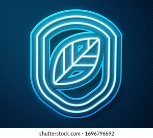 Blindaje de neón brillante con icono de hoja aislado en fondo azul. Protector de seguridad ecológico con hoja. Ilustración vectorial