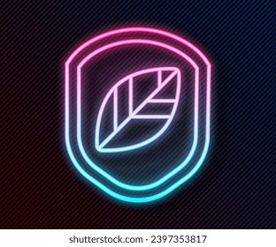 Glowing neon line Shield with leaf icon isolated on black background. Eco-friendly security shield with leaf.  Vector Illustration