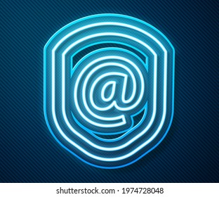 Glowing neon line Shield with mail and e-mail icon isolated on blue background. Guard sign. Security, safety, protection, privacy concept.  Vector Illustration