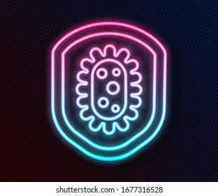 Glowing neon line Shield protecting from virus, germs and bacteria icon isolated on black background. Immune system concept. Corona virus 2019-nCoV.  Vector Illustration
