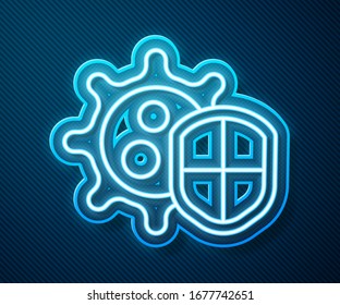 Escudo de neón brillante protegido contra virus, gérmenes e ícono de bacterias aislado en fondo azul.Concepto de sistema inmunológico. Virus Corona 2019-nCoV.  Ilustración vectorial