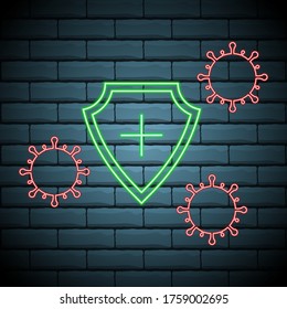Glowing neon line Shield protecting from virus, brick wall background. Immune system concept