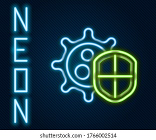 Glowing neon line Shield protecting from virus, germs and bacteria icon isolated on black background. Immune system concept. Corona virus 2019-nCoV. Colorful outline concept. Vector Illustration